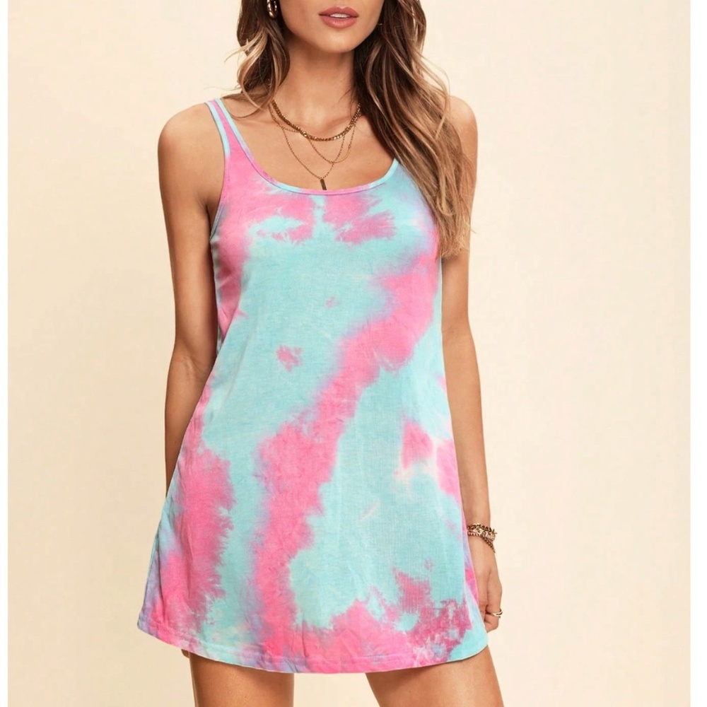 Tie Dye Print Mini Tank Dress Short Pink Blue A-Line